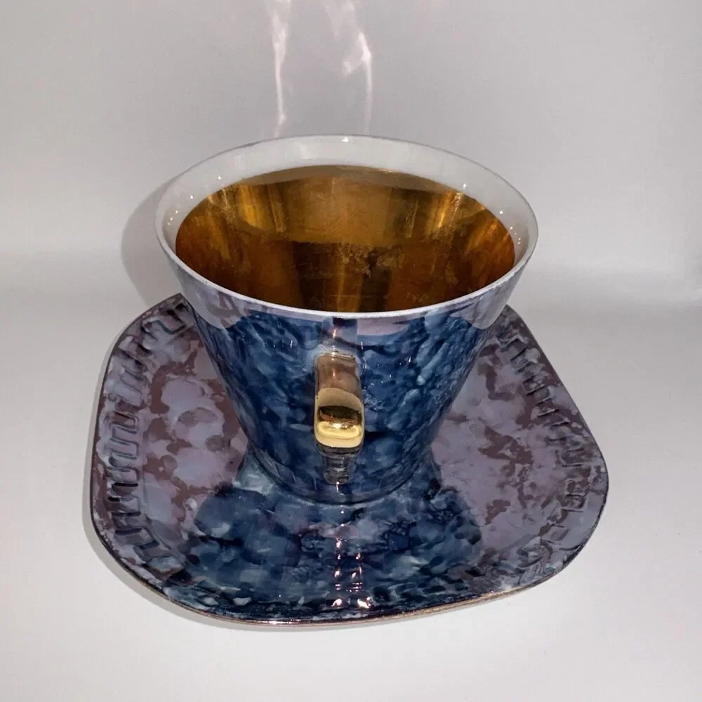 Vintage Wawel Poland Mid Century Demitasse Cup & Saucer Set 3 Blue Marbled Gold